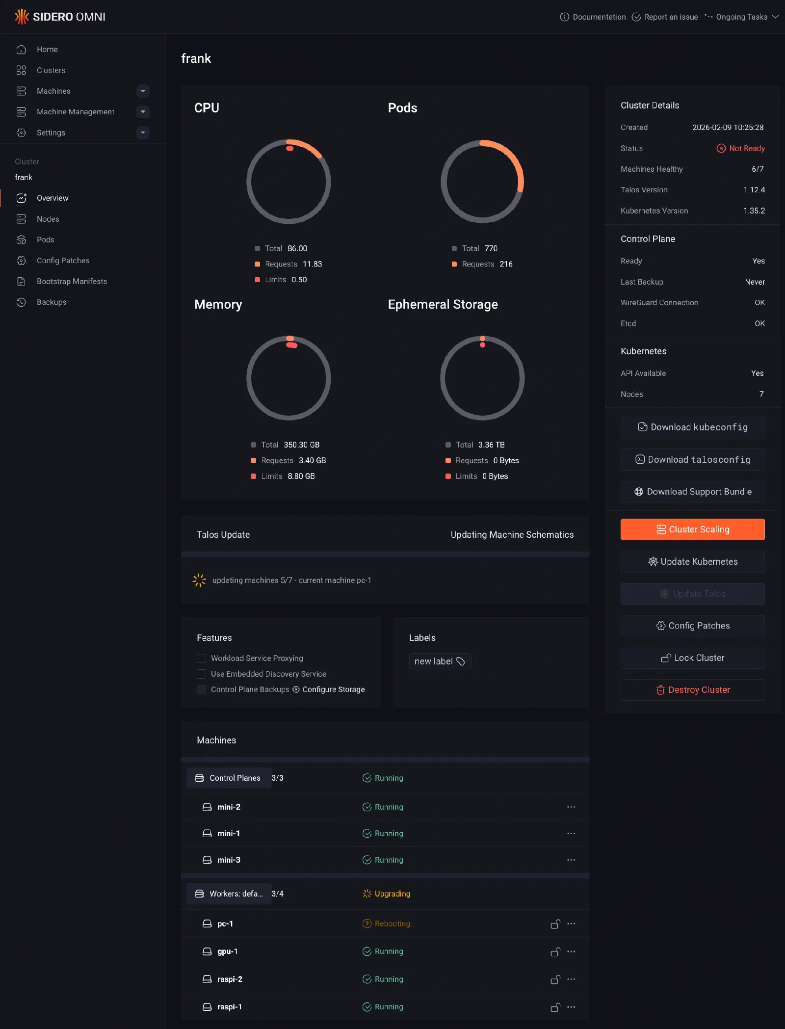 Omni cluster dashboard showing CPU, pods, memory, and node status for the frank cluster