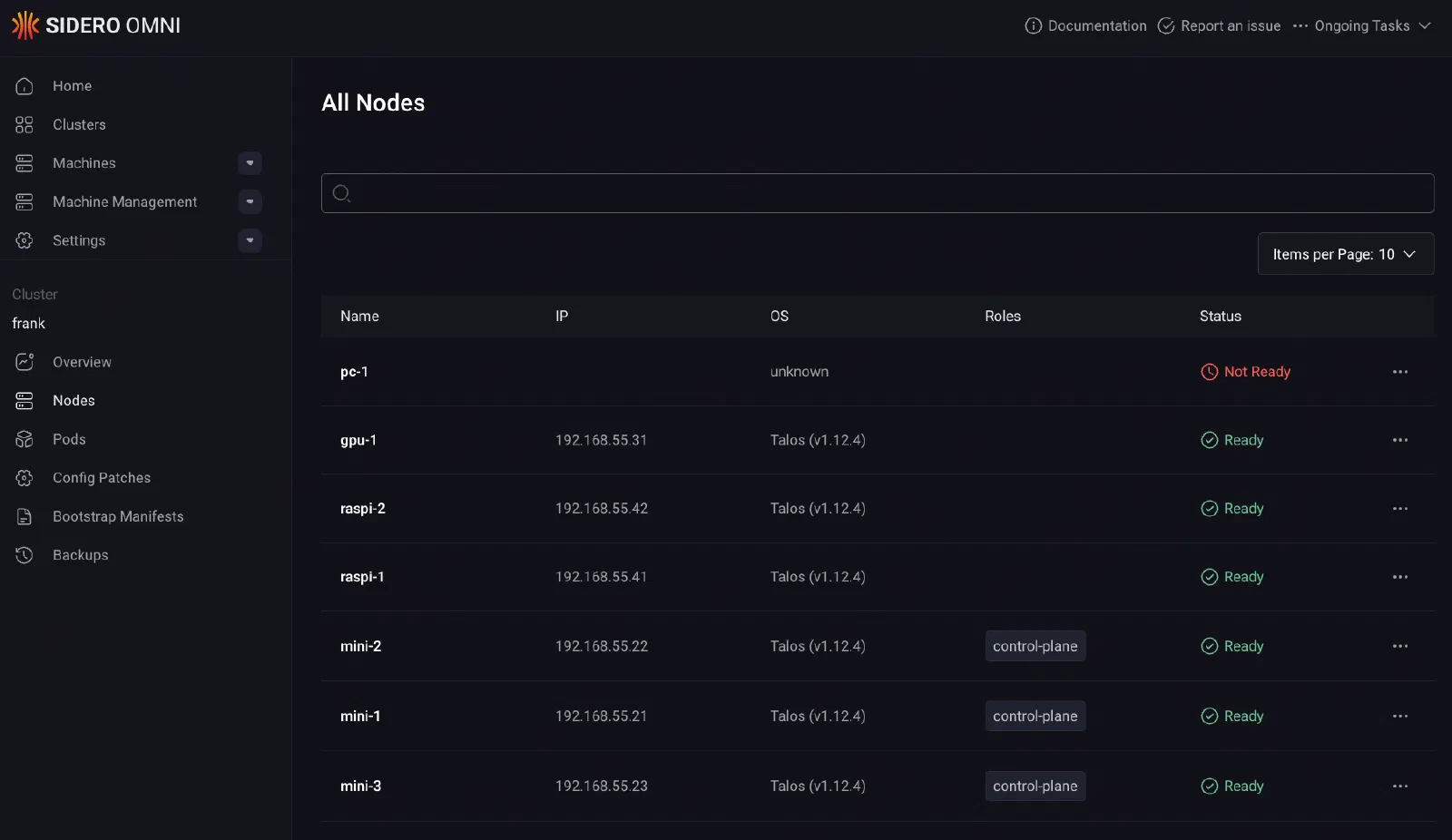 Omni dashboard showing all nodes with IPs, OS versions, roles, and status