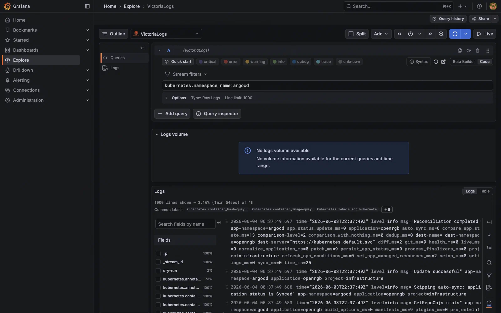 Grafana log explorer with VictoriaLogs datasource