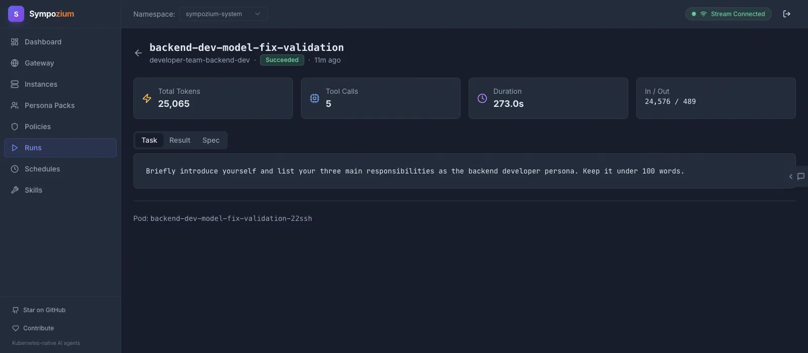 Agent run detail view showing lifecycle states