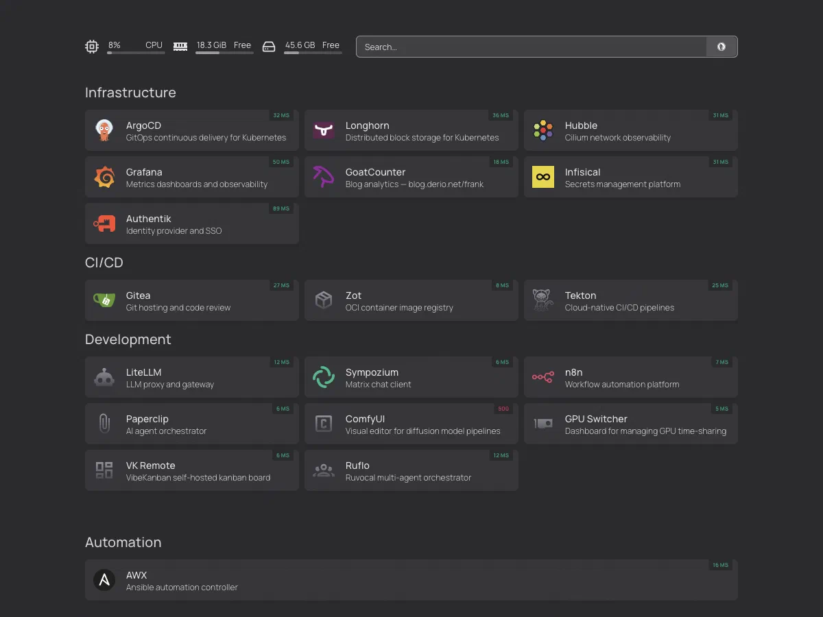 Homepage dashboard at master.cluster.derio.net