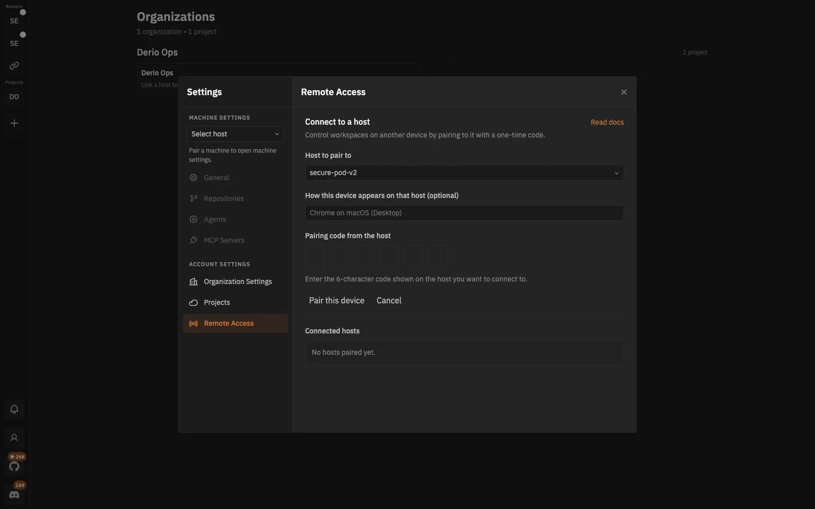Browser-side pairing dialog where the SPAKE2 code from the local VK server is entered