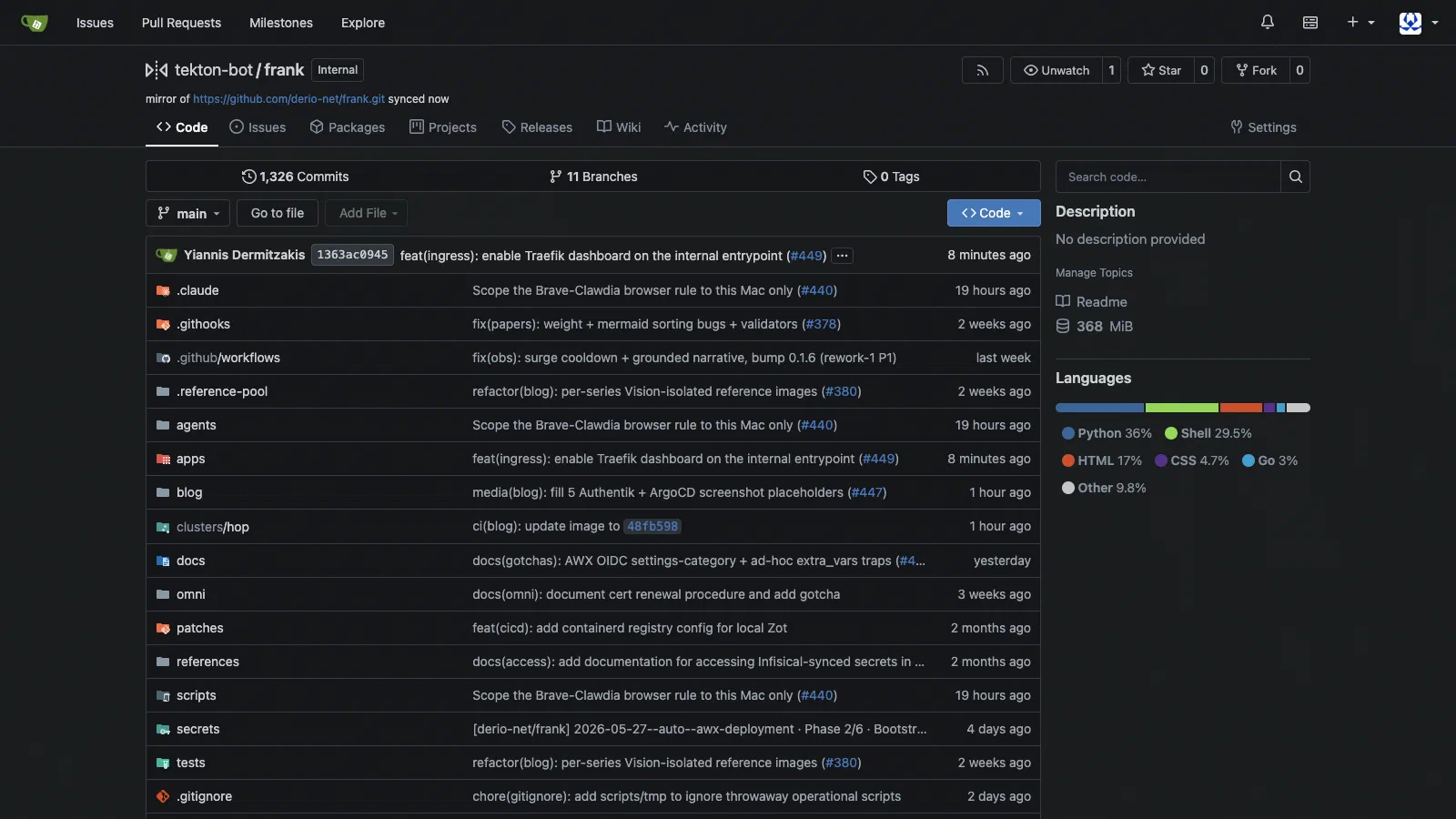 The tekton-bot/frank pull mirror in Gitea — mirror badge in the title, freshly synced from GitHub