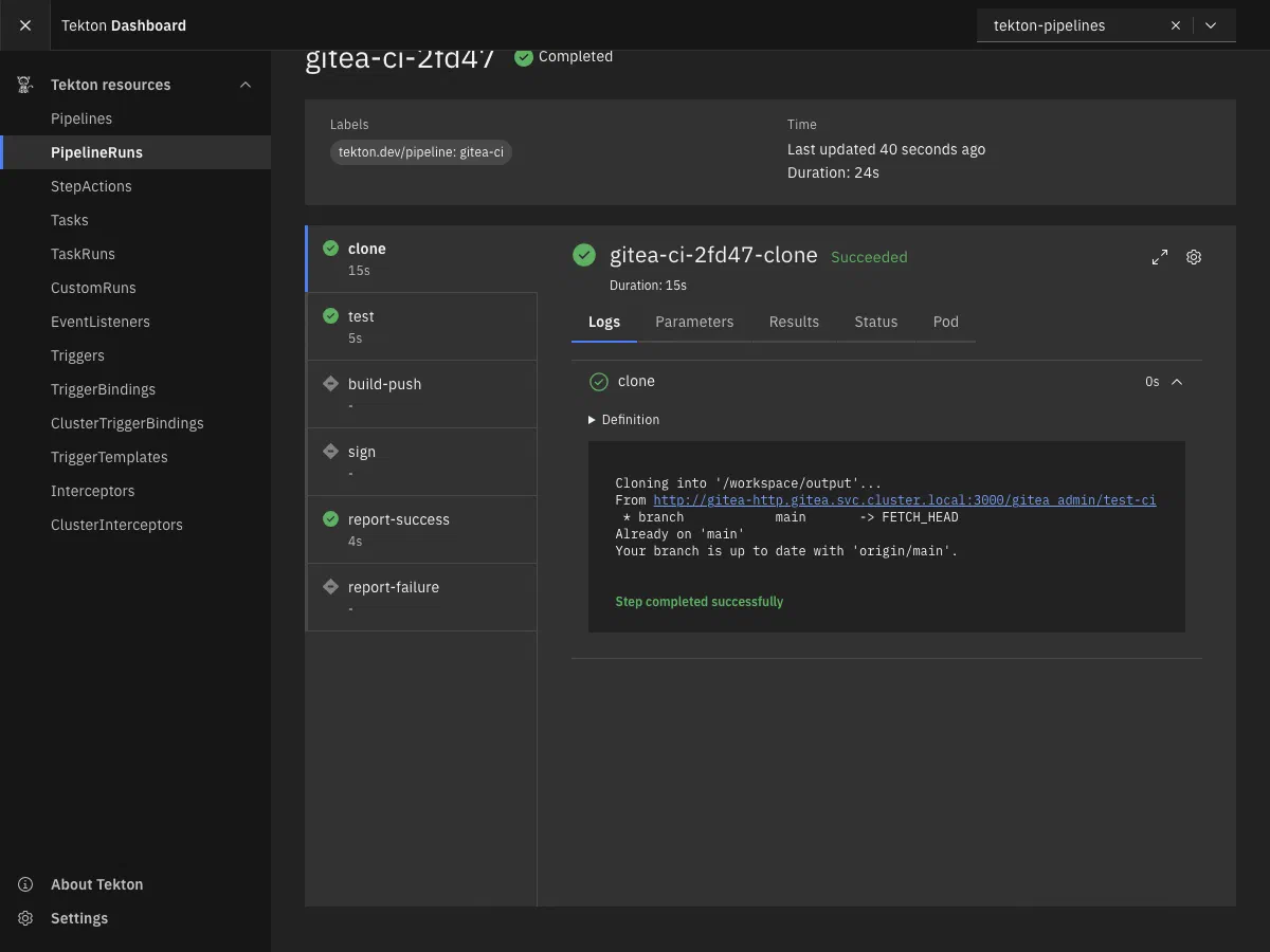 Tekton Dashboard: a gitea-ci PipelineRun showing all stages completed