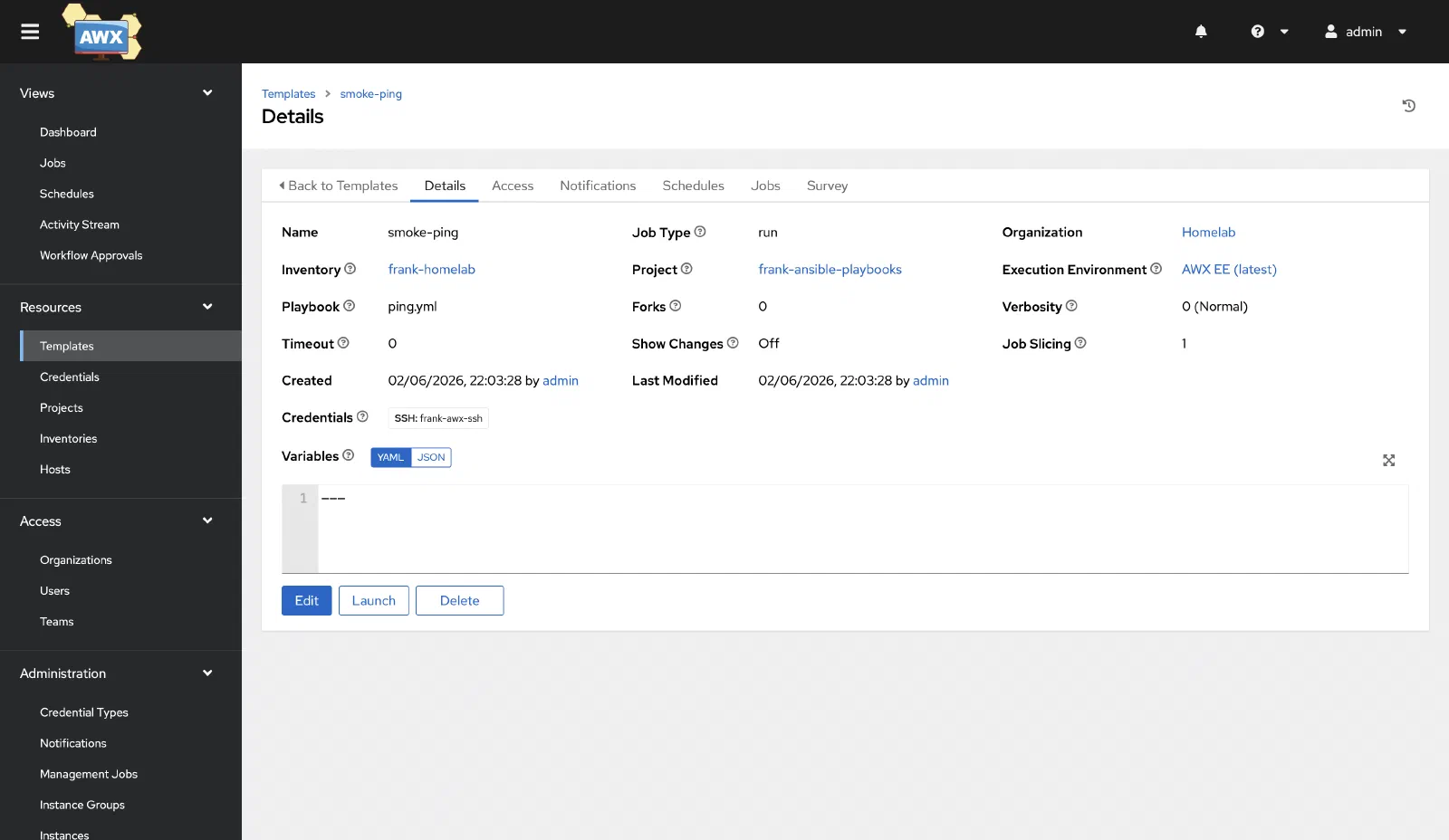 The smoke-ping Job Template — project, inventory, credential, playbook, all wired