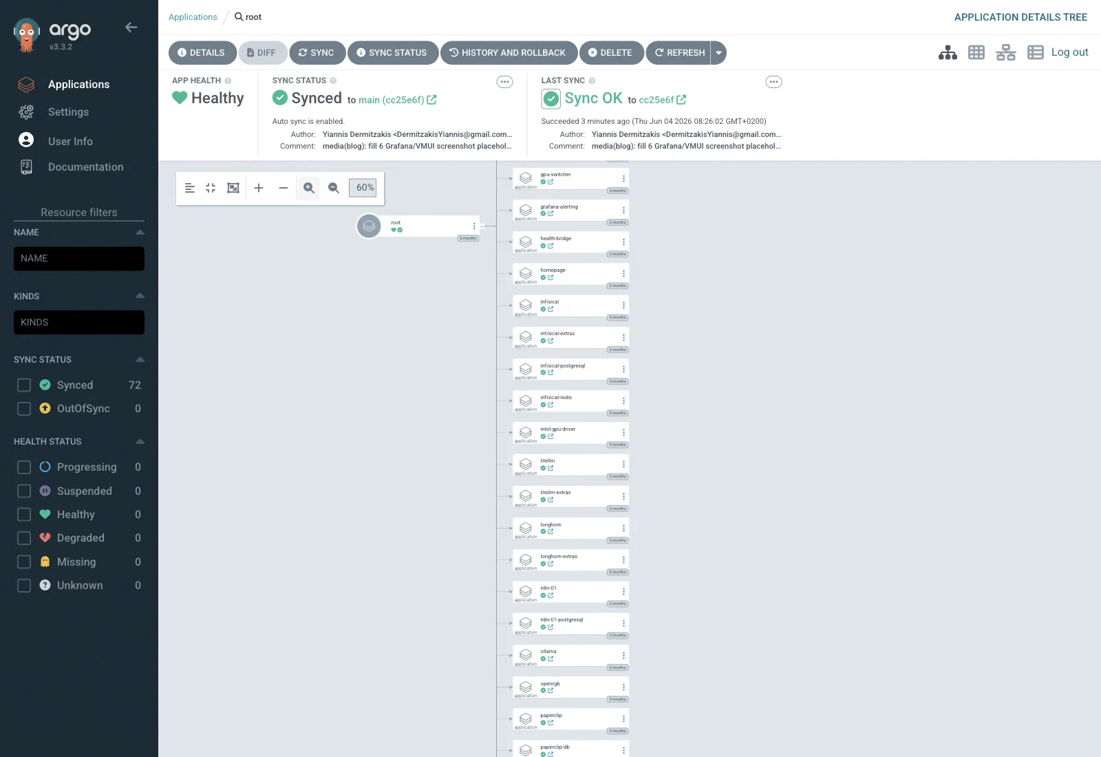 ArgoCD UI: the root Application fanning out into every child app on Frank