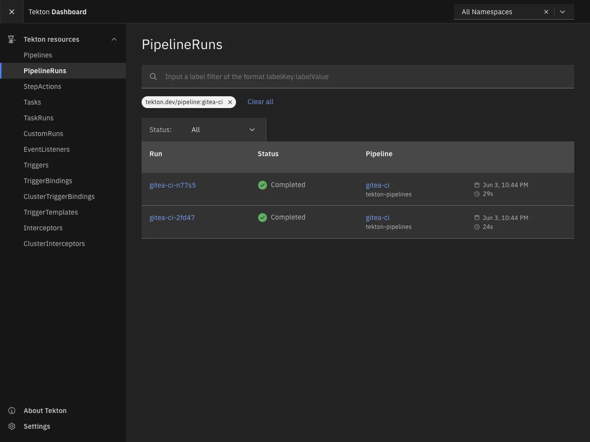 Tekton Dashboard: recent PipelineRuns with a successful gitea-ci run expanded