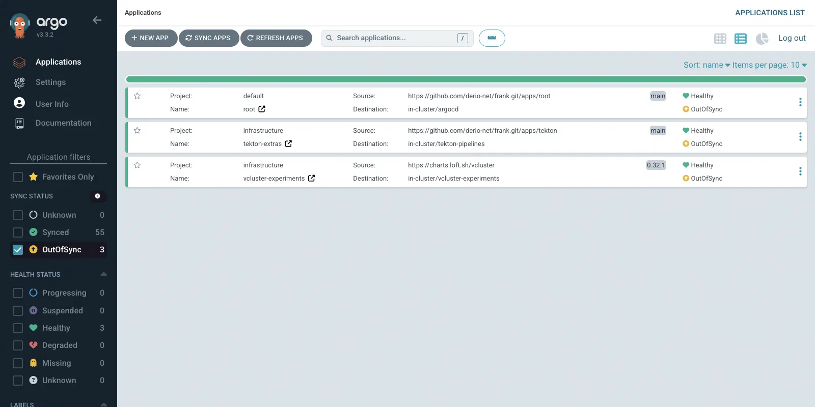 ArgoCD app list after the drift cleanup: OutOfSync column becomes a real signal again
