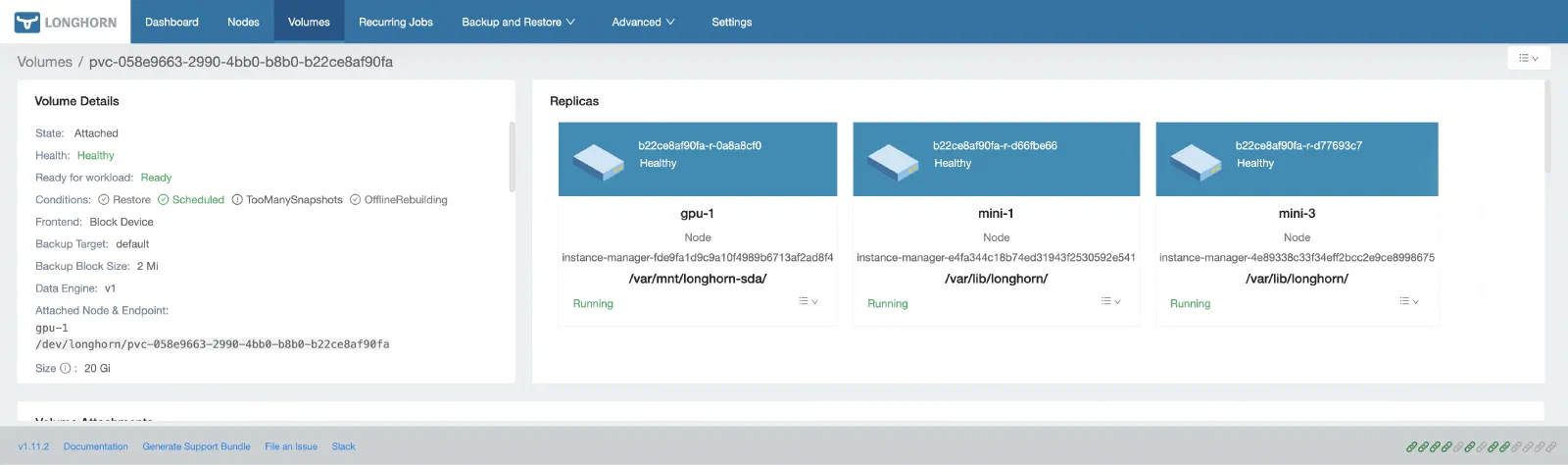 Longhorn UI — one volume’s three healthy replicas, spread across gpu-1, mini-1, and mini-3.