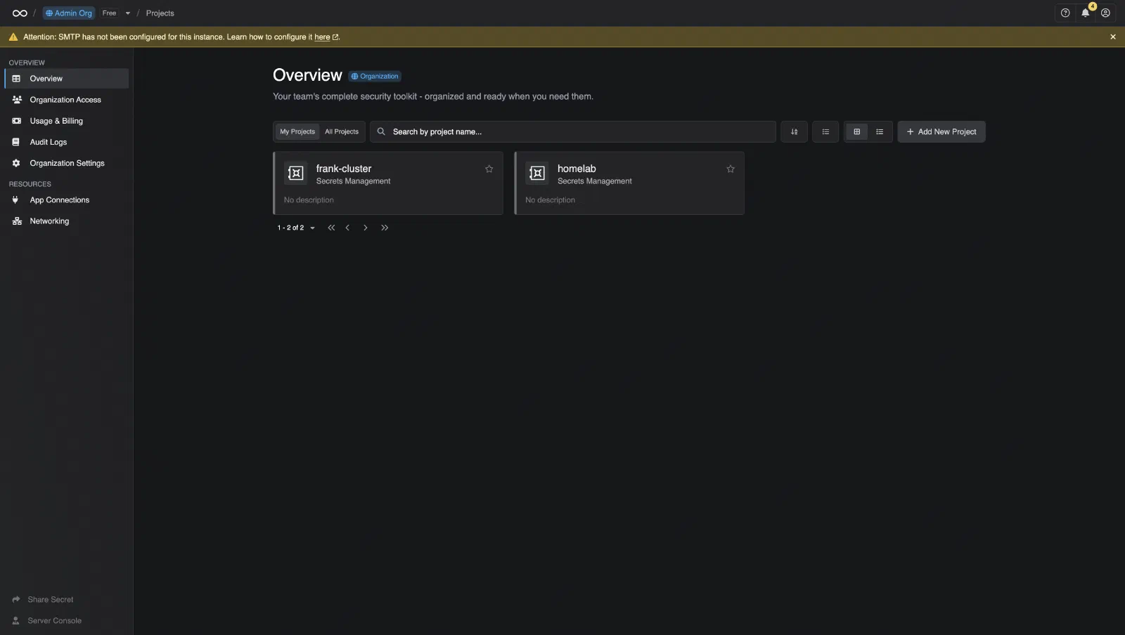 Infisical — the self-hosted secrets manager backing Frank, holding the frank-cluster and homelab projects.