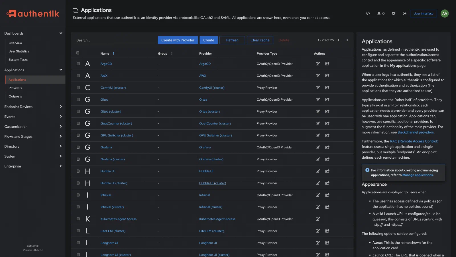 Authentik’s Applications view — the cluster services behind one IdP, each tagged by provider type: Proxy Provider for the charts that ship without OIDC (ComfyUI, GoatCounter, Longhorn, Hubble…), OAuth2/OpenID for the ones that speak it (ArgoCD, Grafana, Gitea, Infisical…).
